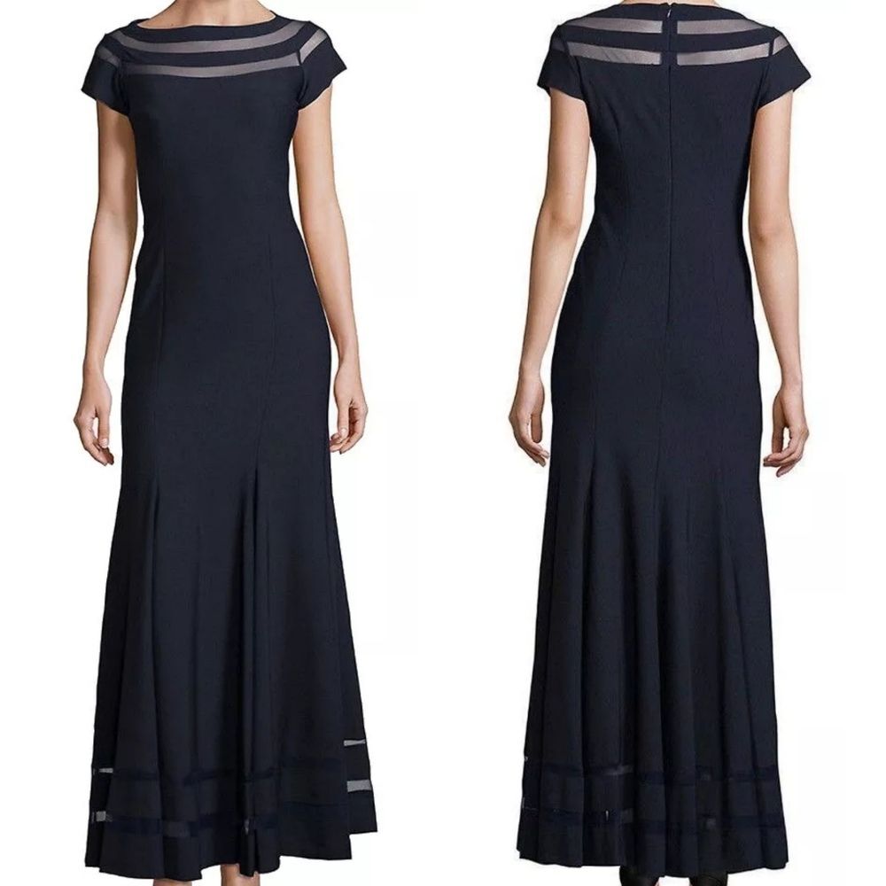 JS Collections Navy Ottoman Fit and Flare Full Length Maxi Dress Gown 12 NWT